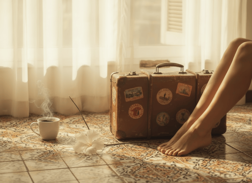 Horizontal lifestyle photo evoking Cuba: a vintage leather suitcase sitting on traditional Cuban hydraulic mosaic tile floor (colorful geometric patterned tiles typical of old Havana homes), next to it a pair of bare young woman's feet, a white Hedychium coronarium flower (mariposa blanca, Cuba's national flower — white, delicate, with long elegant petals, NOT a hibiscus) resting on the tiles beside the suitcase, and a small steaming cup of Cuban espresso nearby. Soft, warm natural light streaming through wooden shutters casting gentle shadows. Warm golden and terracotta tones, intimate and poetic atmosphere. No people visible above the ankles. Cinematic, slightly vintage feel.