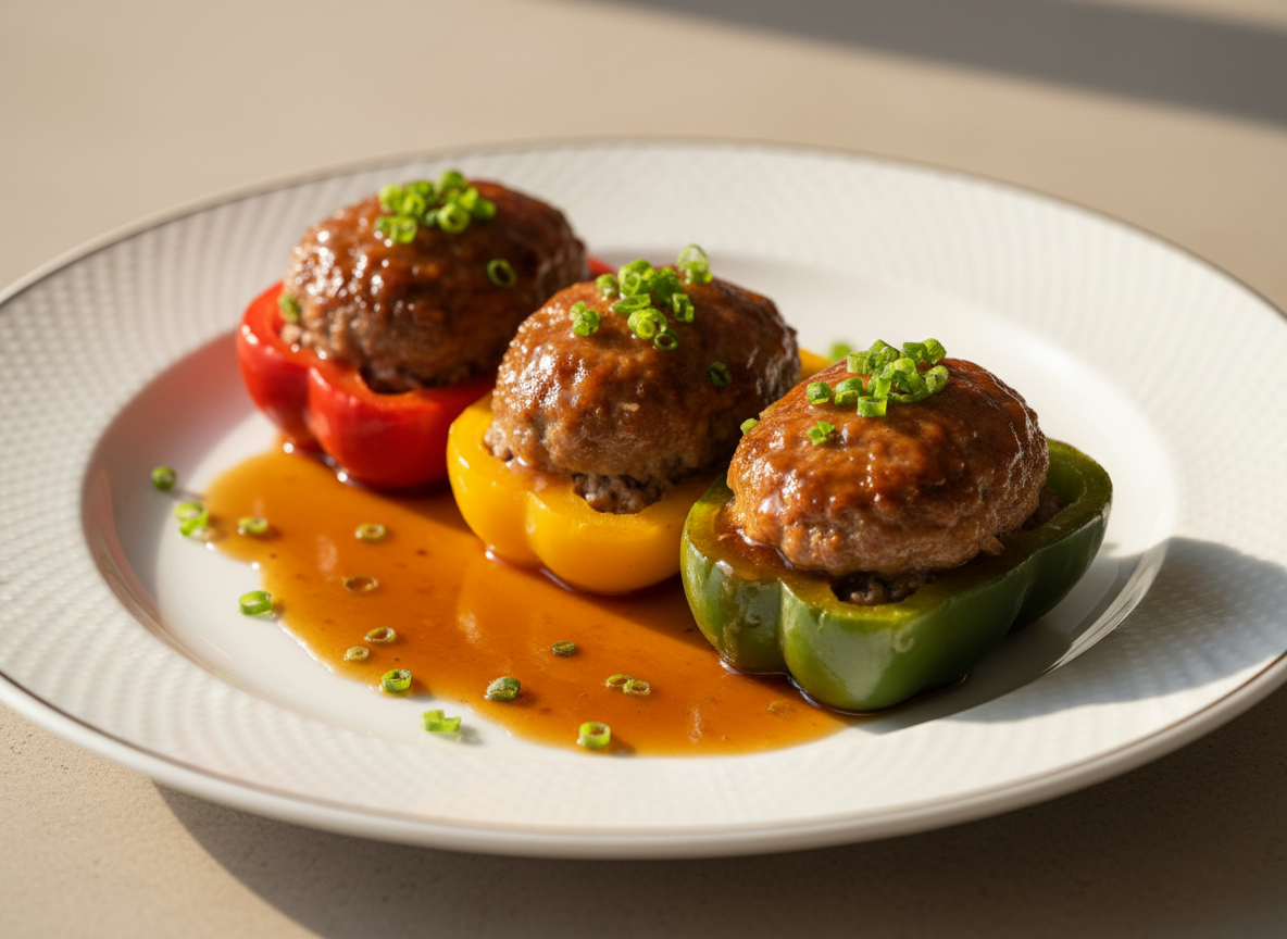 Pimientos rellenos de carne estilo japonés (Piman no Nikuzume), servidos en un plato elegante. Los pimientos son de tres colores: rojo, amarillo y verde, con la carne dorada visible en los extremos. Salsa brillante por encima. Presentación de restaurante, fotografía gastronómica, luz natural cálida, fondo neutro.